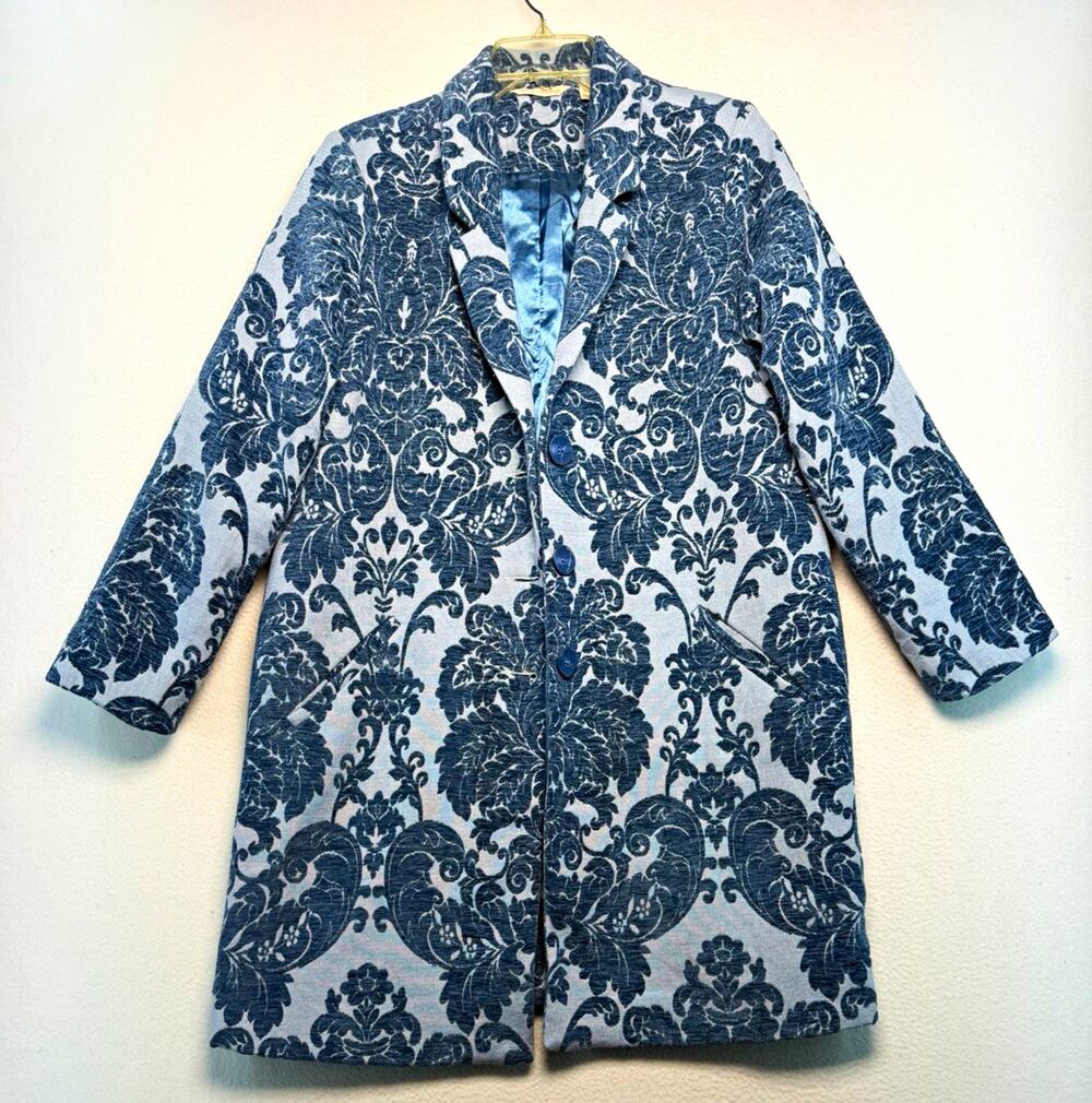 Soft Surroundings Women's Blue Floral Button Front Lined Mid-Length Coat M